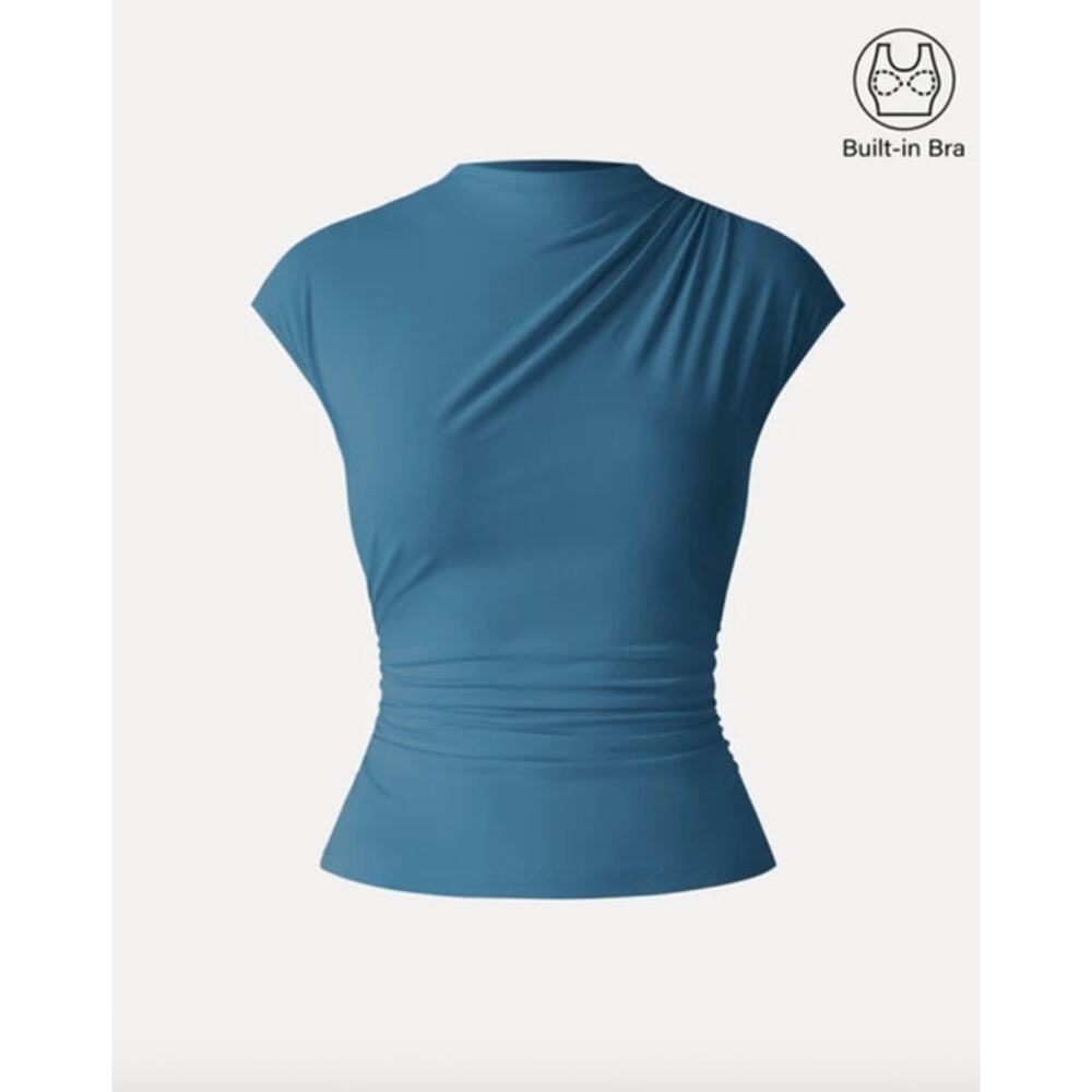 OGL Top Size M NEW Eco-SkinKiss Mockneck Ruched Cropped Bra Top Dark Marine Blue - Picture 2 of 13
